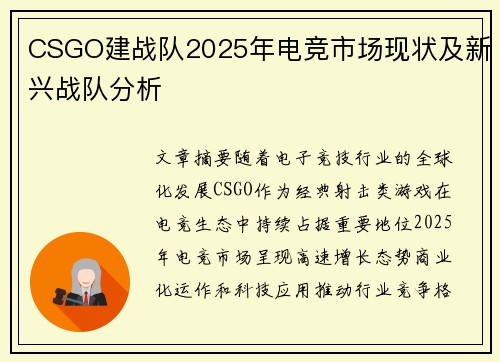 CSGO建战队2025年电竞市场现状及新兴战队分析